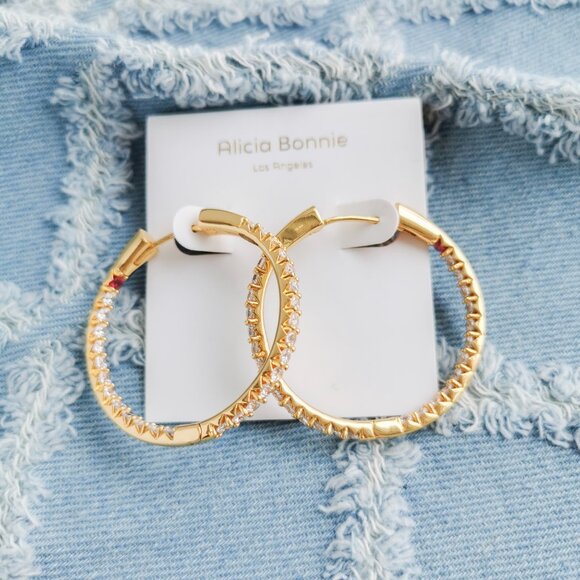 Alicia Bonnie Jewelry - Alicia Bonnie Twinkle Delight Gold White Crystal Large Hoop Earrings Trendy Jewe